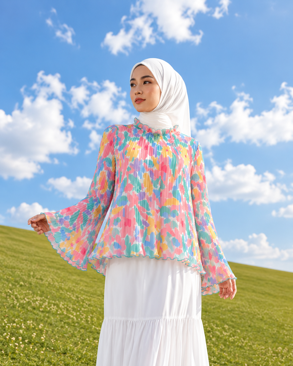 A woman wearing a white hijab, a long-sleeve pastel multicolor printed blouse, and a long white skirt stands outdoors on a grassy hill under a blue sky with clouds.