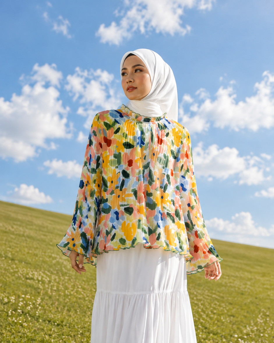 A woman wearing a white hijab, a white tiered maxi skirt, and a colorful floral long-sleeve blouse stands on a grassy hill under a blue sky with clouds.