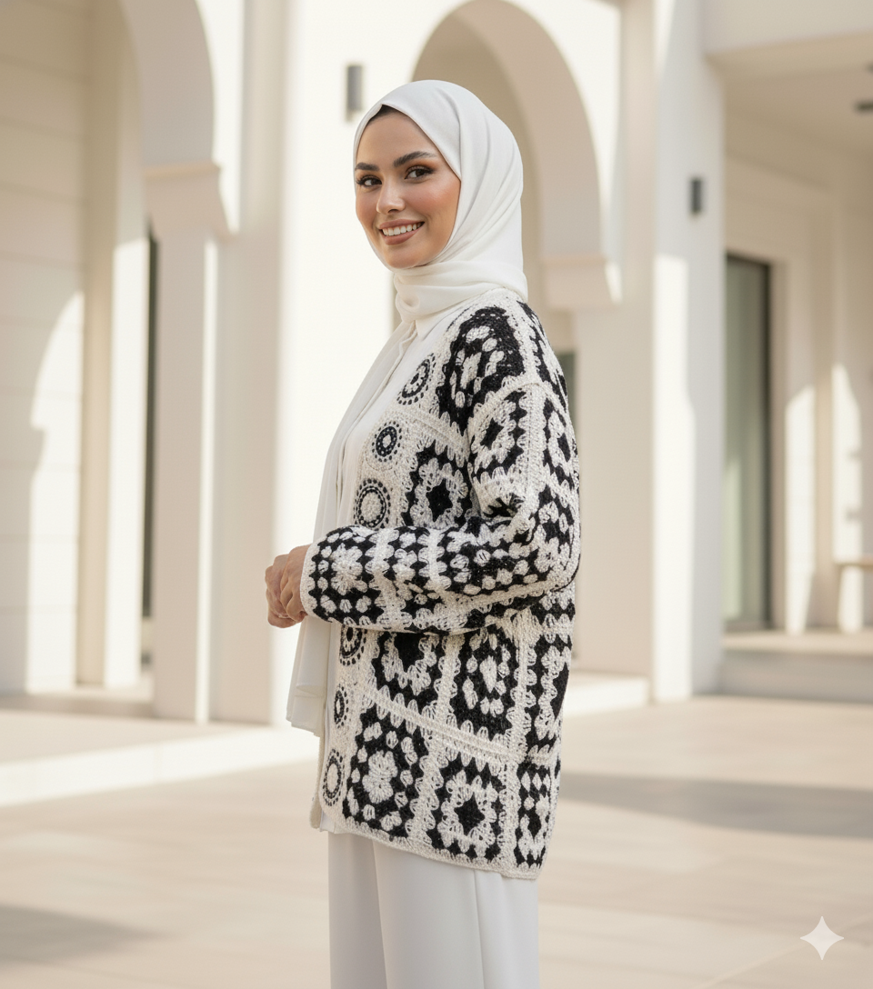 Curated Bohemian-Style Patterned Knit Cardigan