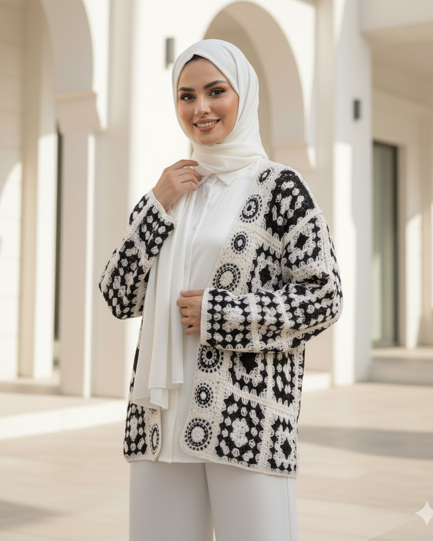 Curated Bohemian-Style Patterned Knit Cardigan