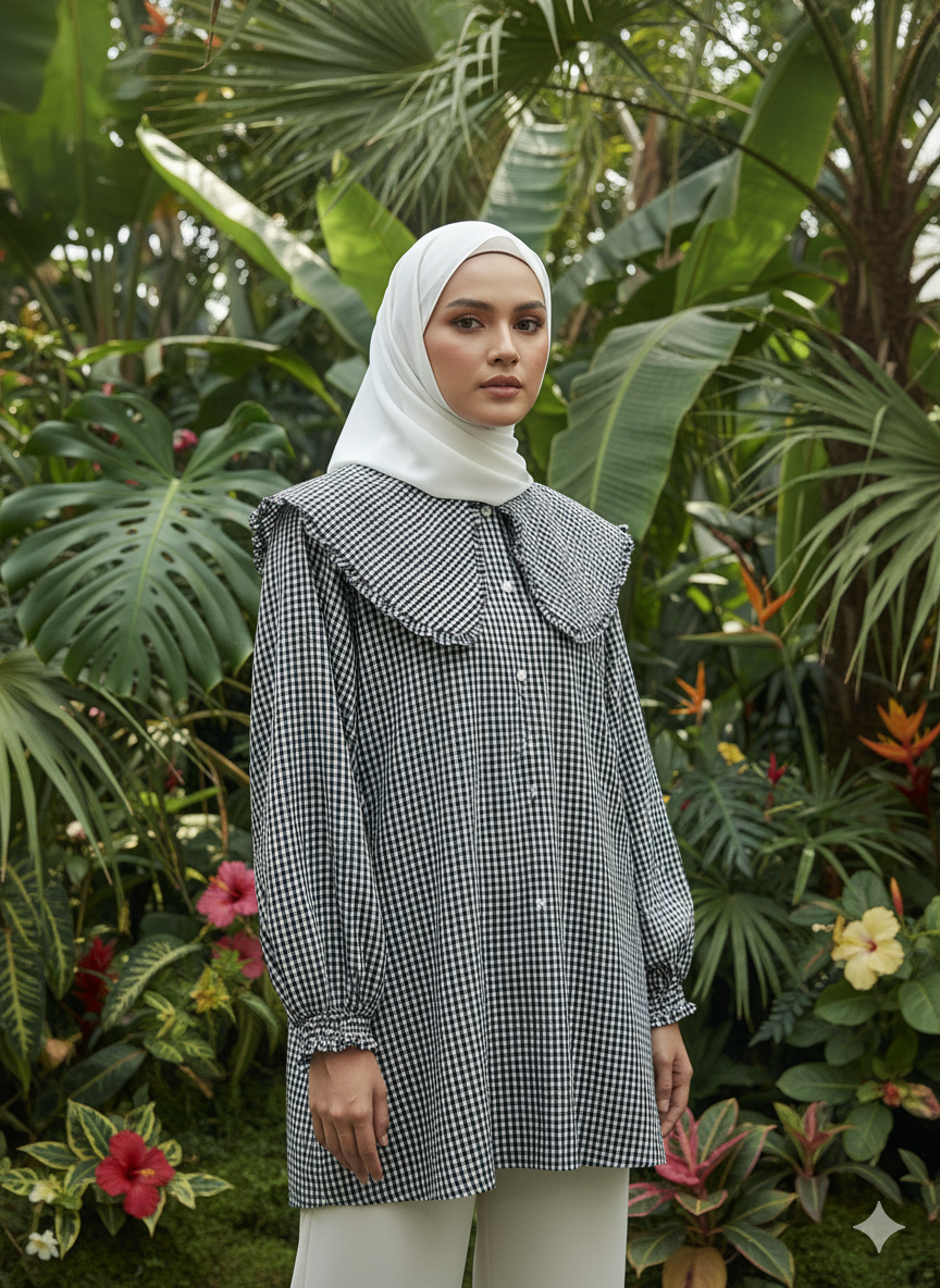 Tropical Checks Peter Pan Collar Blouse