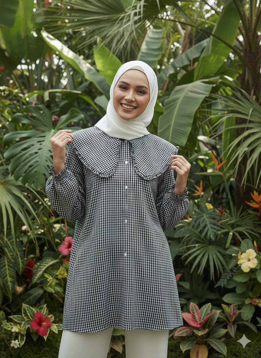 Tropical Checks Peter Pan Collar Blouse