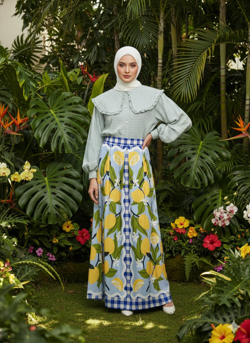 Tropical Checks High-Waisted Pleated A-Line Maxi Skirt