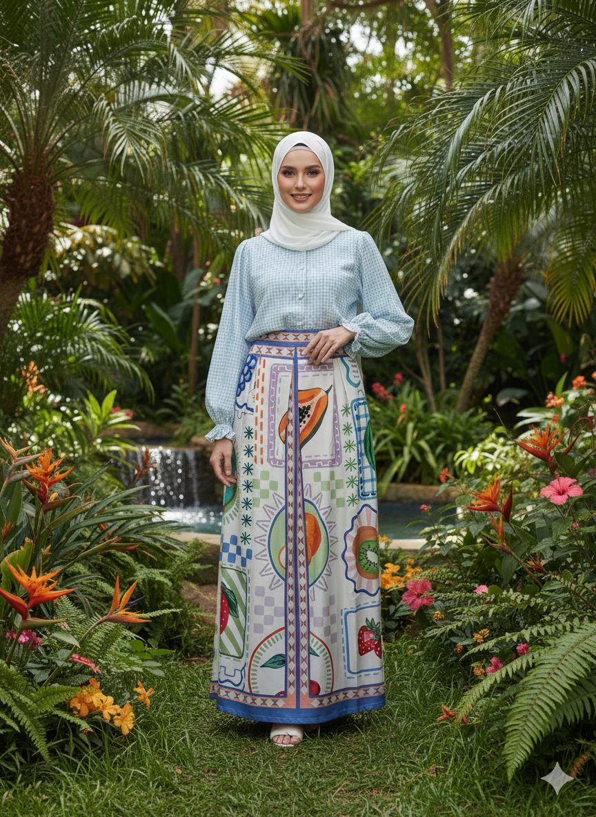Tropical Checks High-Waisted Pleated A-Line Maxi Skirt
